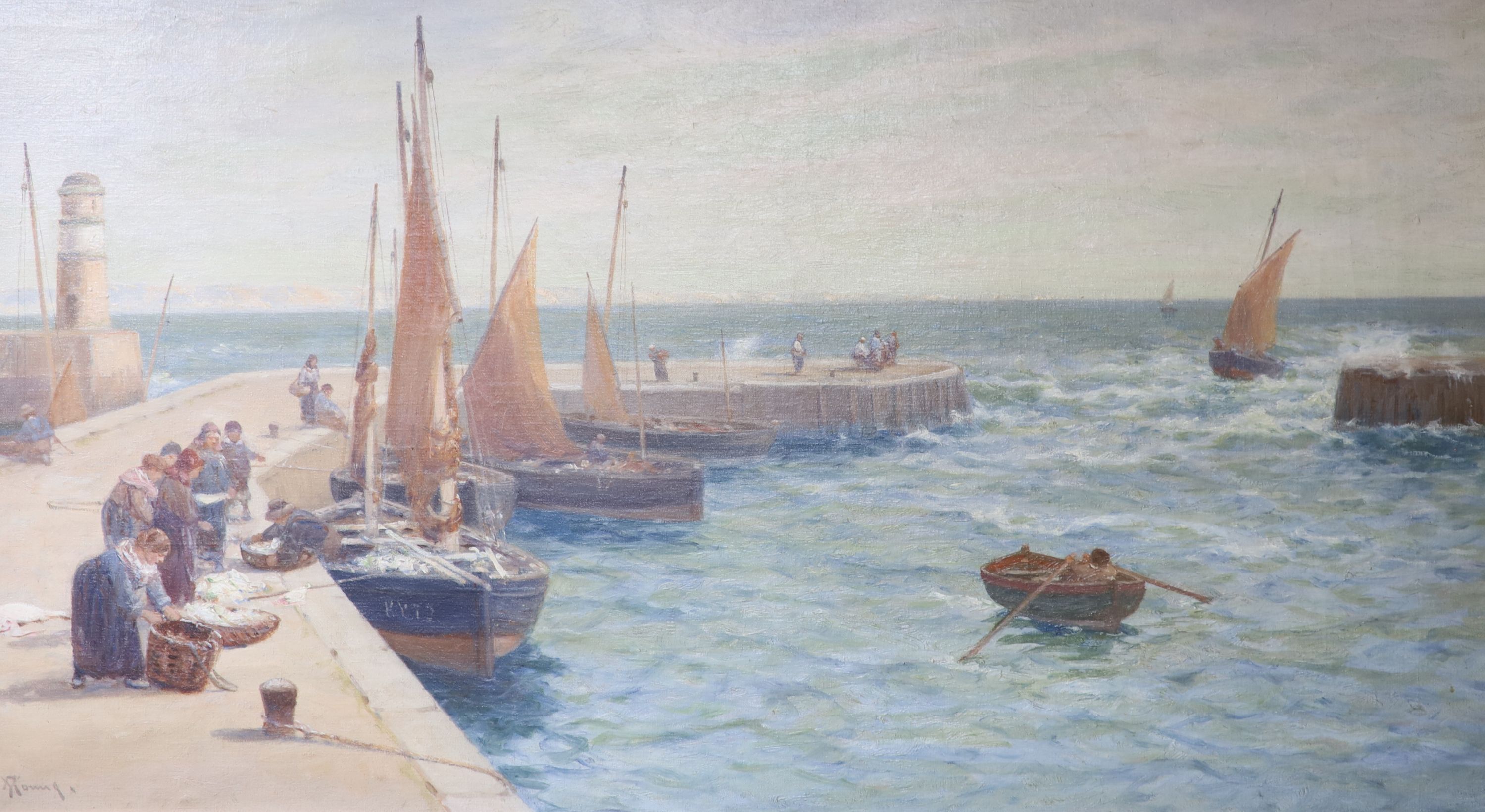 A. Young, pair of oils on canvas, Brittany harbour and beach scenes with figures and fishing boats, signed and dated 1915, 44 x 80cm